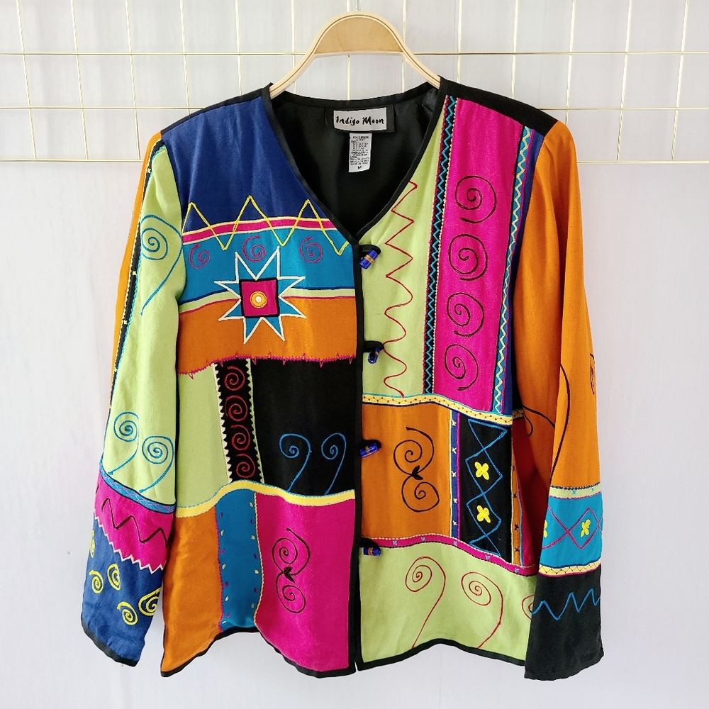 Indigo Moon Art to Wear Patchwork Color Block Flax Blend Jacket - Picture 2 of 10
